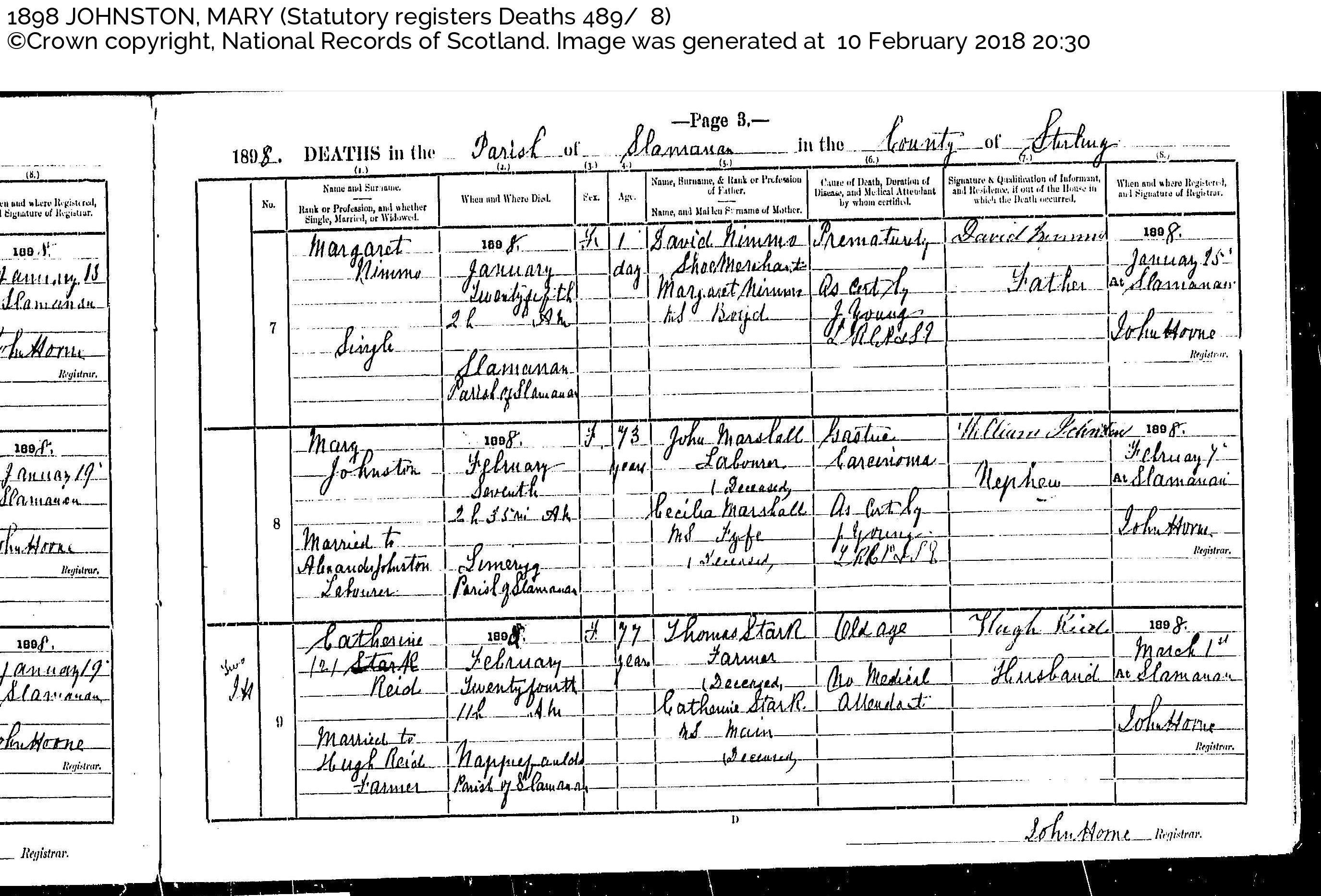 MaryMarshall(Johnston)_D1898 Limerigg Slamannan, February 7, 1898